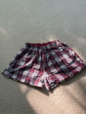 Free People Red and Blue Plaid High-Waist Lounge Shorts